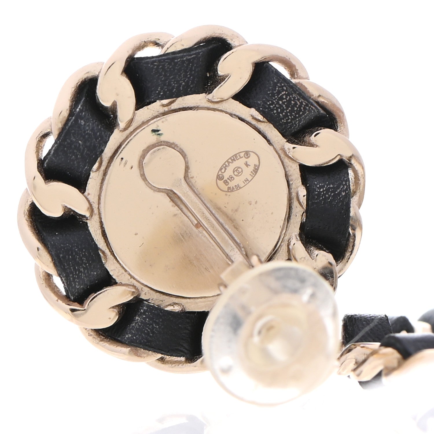 Chanel Pearl Lambskin Chain Logo Hoop Clip On Earrings Black Gold 4 of 4