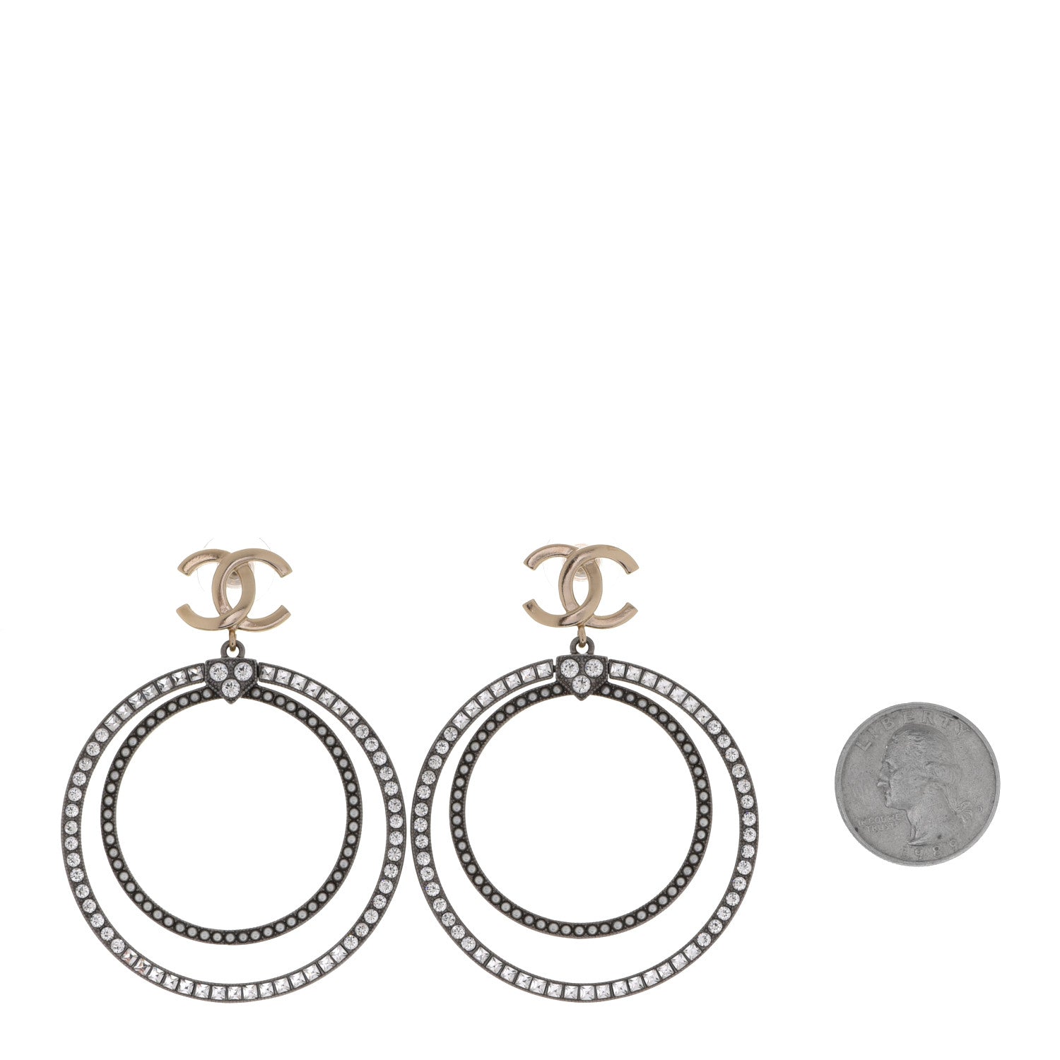Chanel Crystal CC Circle Drop Earrings Silver Gold 2 of 4