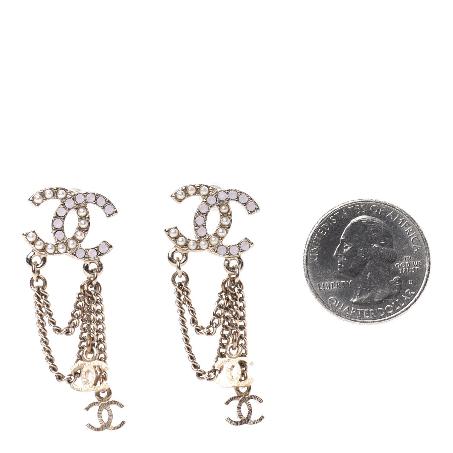 Pearl Chain CC Drop Earrings Gold Pink