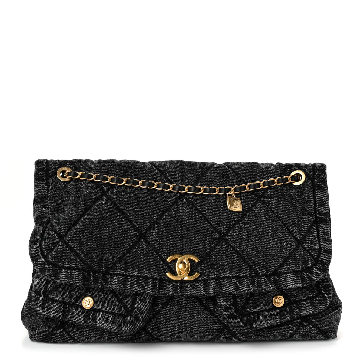 Washed Denim Quilted Maxi Flap Bag Black