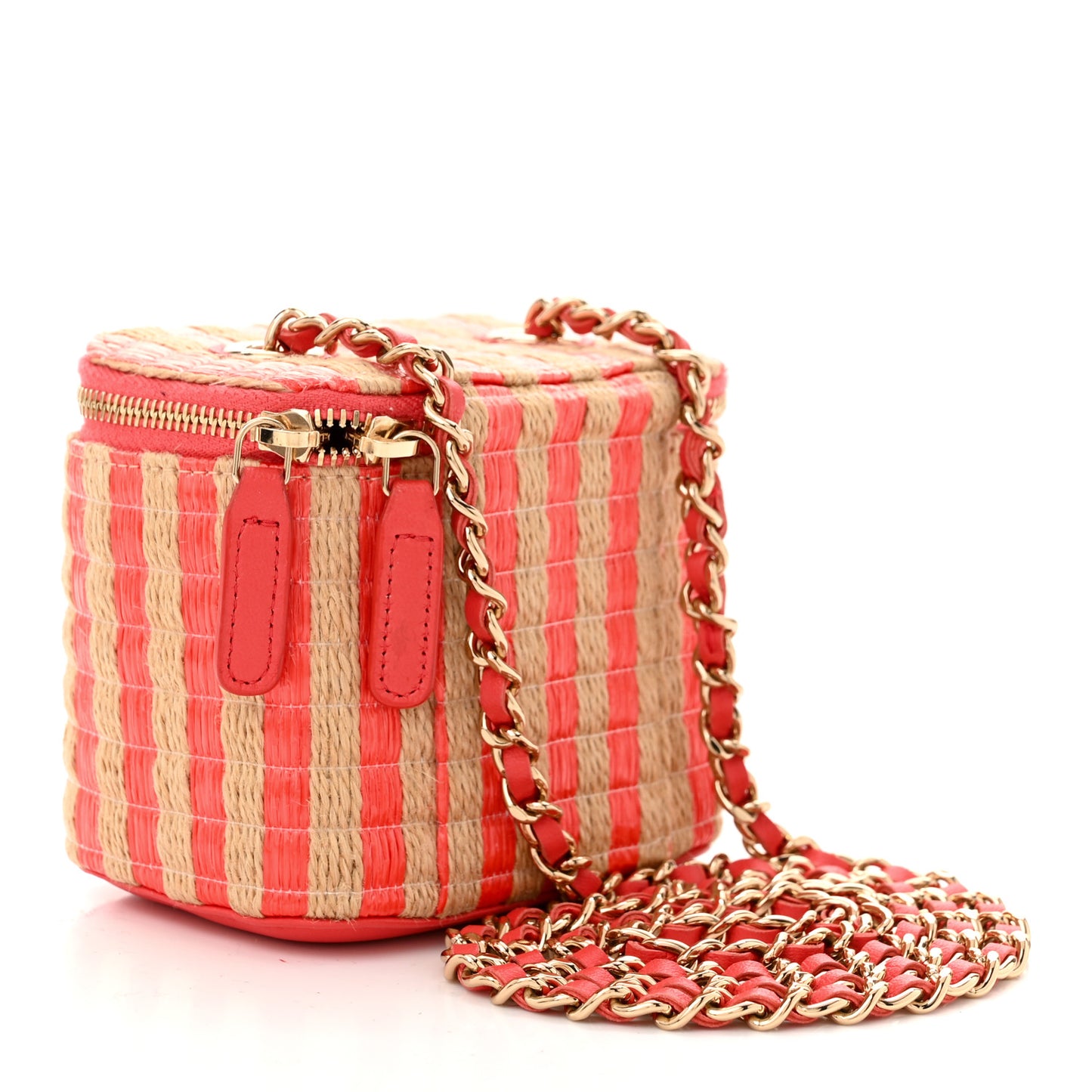 Raffia Jute Striped Mini Vanity Case With Chain Red Beige