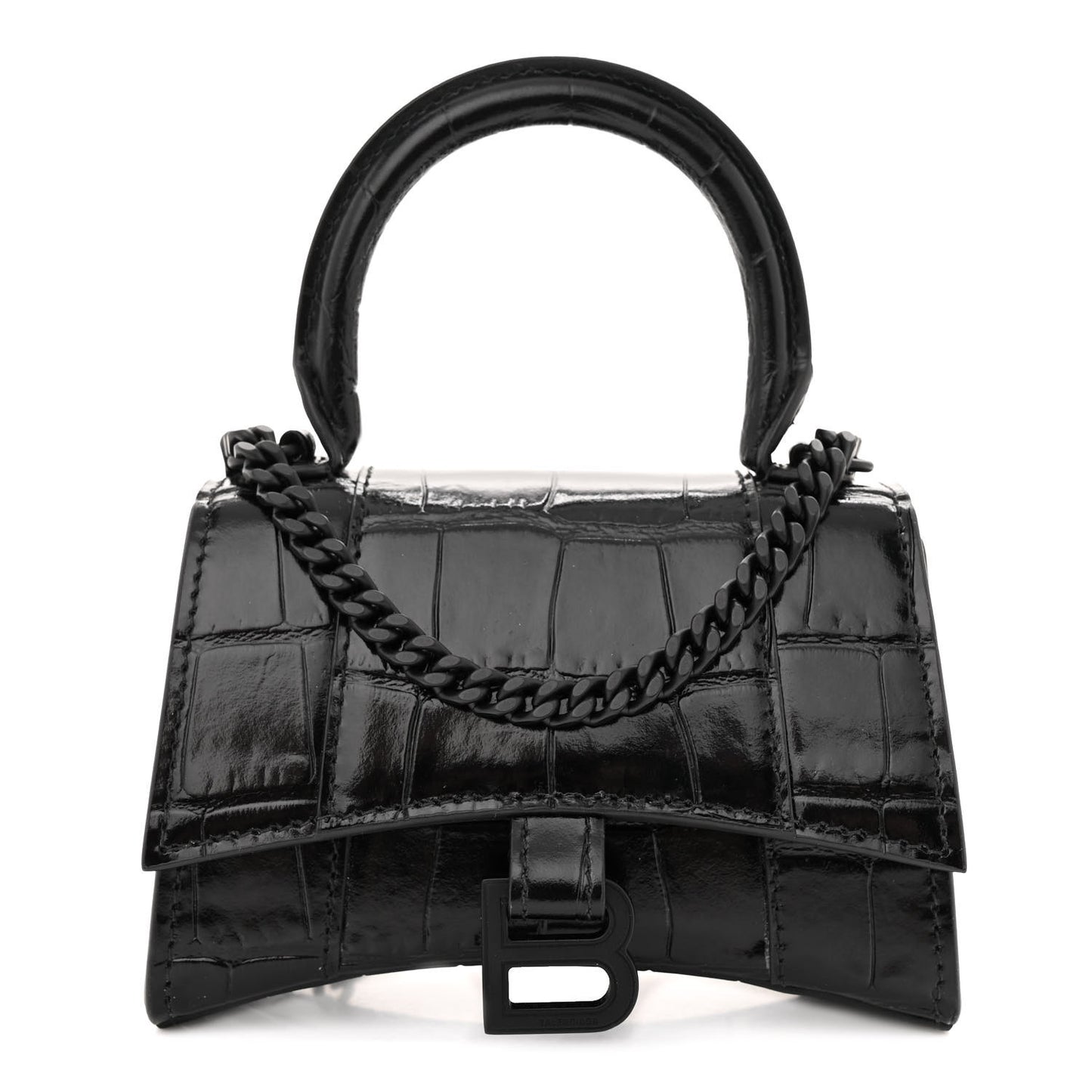 Shiny Calfskin Monochrome Crocodile Embossed Hourglass Top Handle Bag Mini with Chain Black