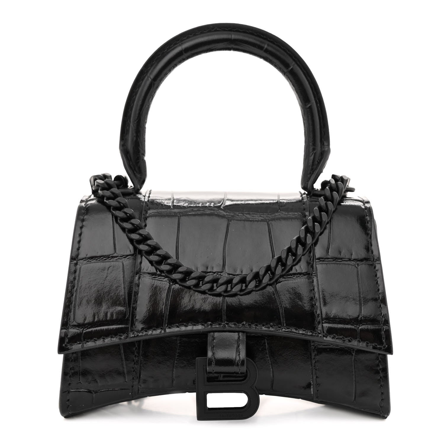 Balenciaga Shiny Calfskin Monochrome Crocodile Embossed Hourglass Top Handle Bag Mini with Chain Black 1 of 9