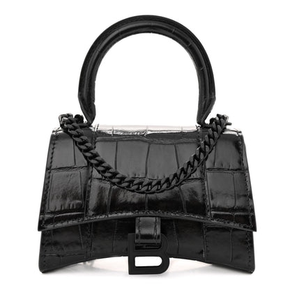 Balenciaga Shiny Calfskin Monochrome Crocodile Embossed Hourglass Top Handle Bag Mini with Chain Black 1 of 9