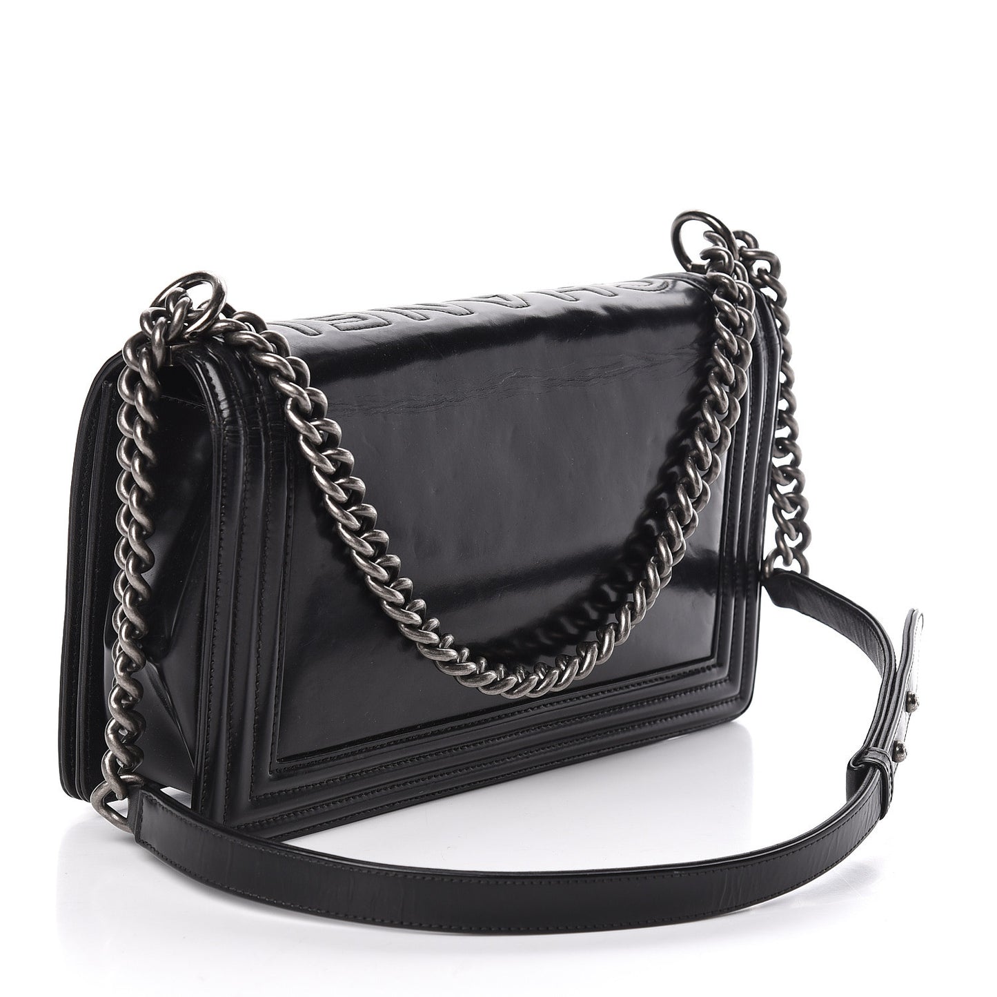 Glazed Calfskin Large Boy Flap Black