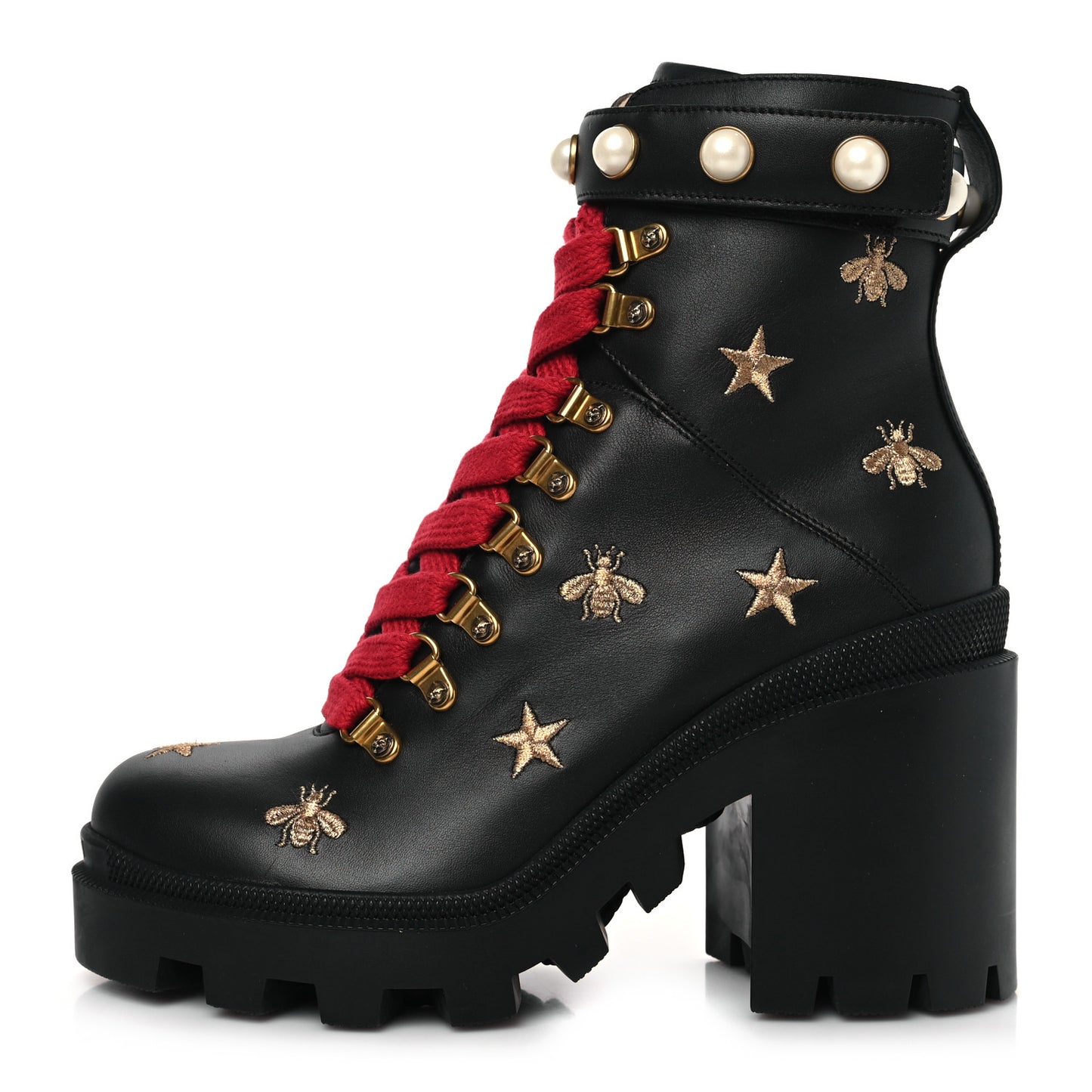Calfskin Embroidered Lace Up Combat Ankle Boots 38 Black