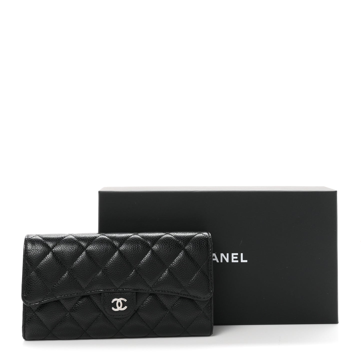 Caviar Quilted Large Gusset Flap Wallet Black