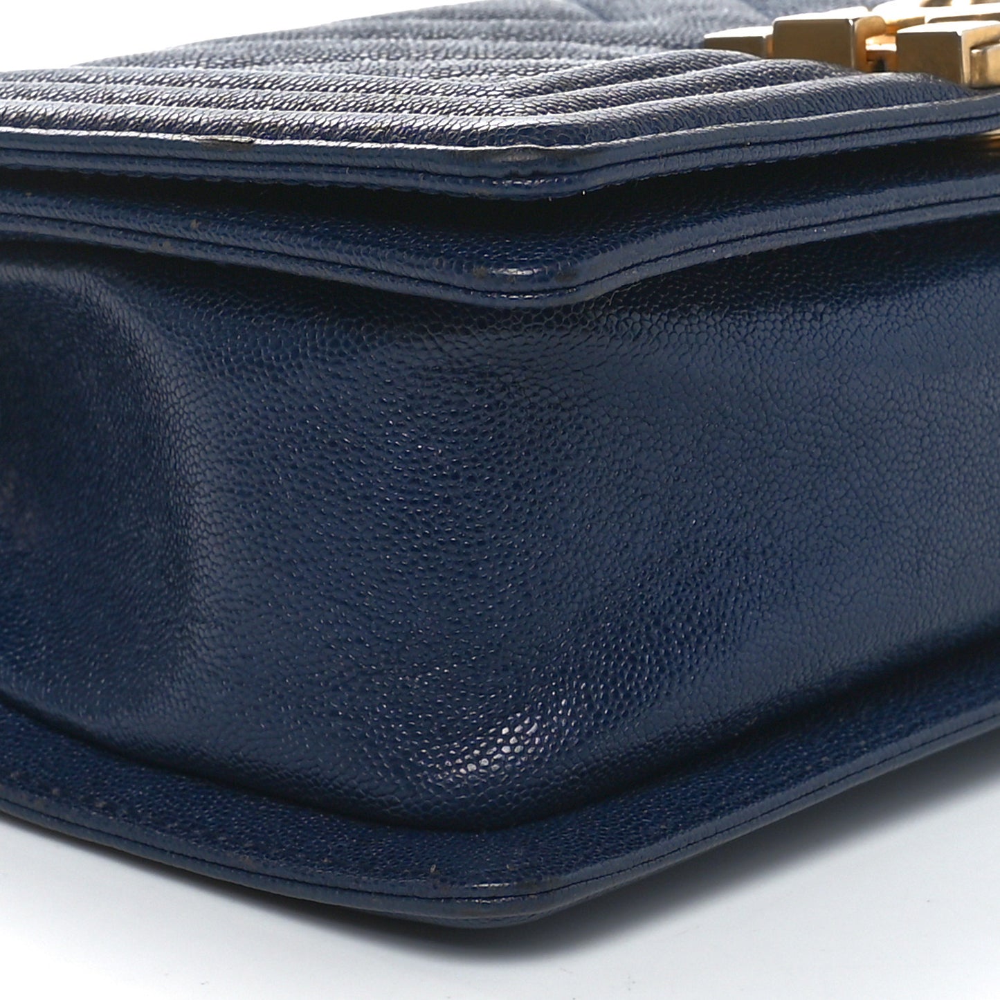 Caviar Chevron Quilted Small Boy Flap Navy Blue