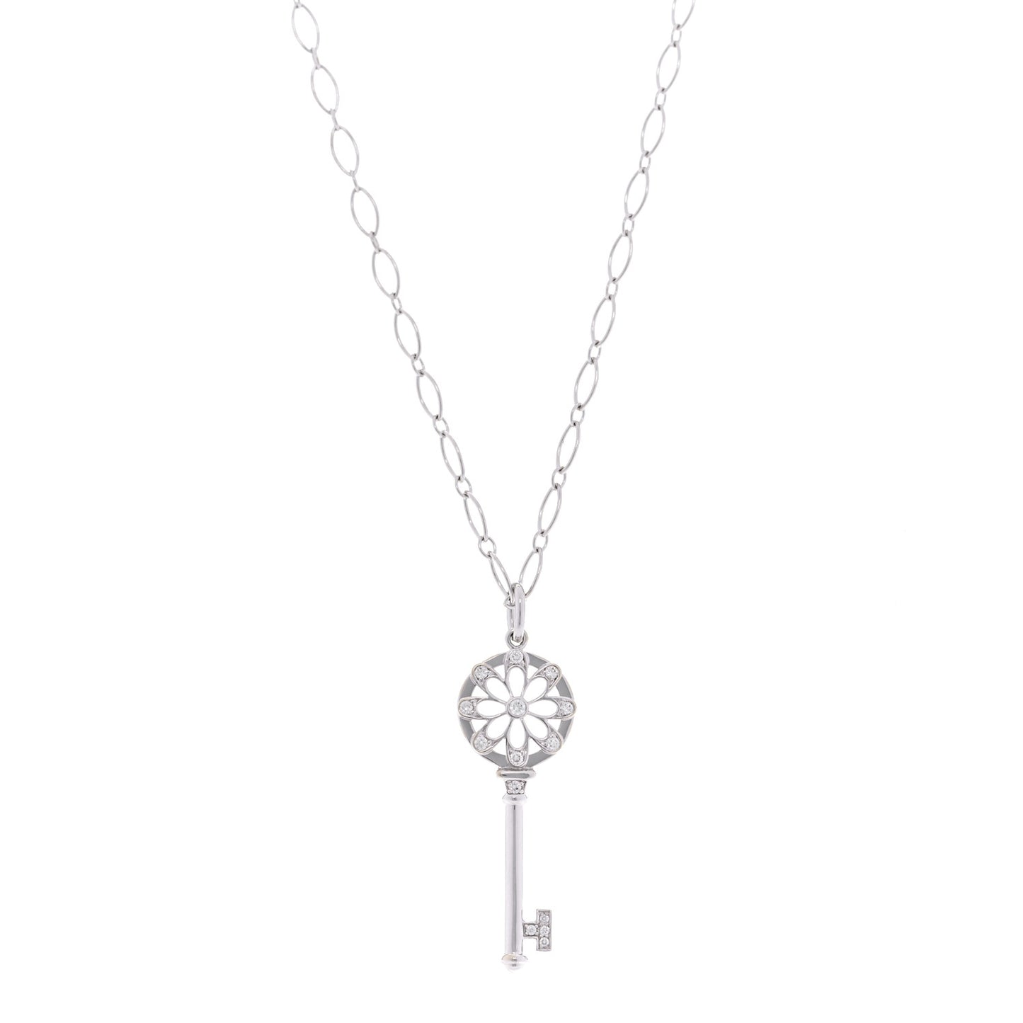 18K White Gold Diamond Floral Key Pendant Necklace