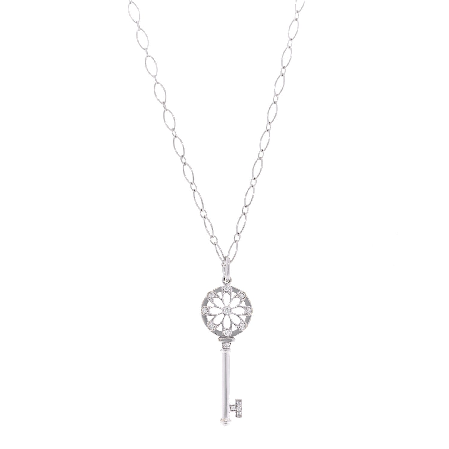 Tiffany 18K White Gold Diamond Floral Key Pendant Necklace 1 of 7