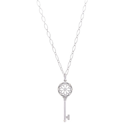 Tiffany 18K White Gold Diamond Floral Key Pendant Necklace 1 of 7