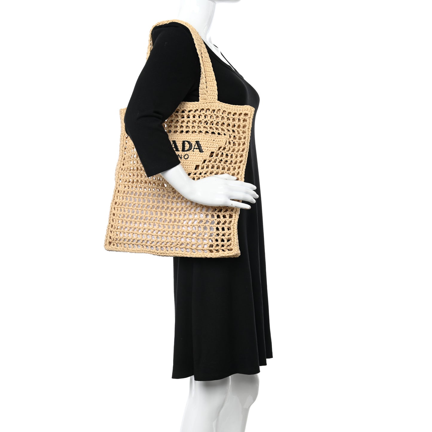 Yarn Raffia Effect Crochet Logo Embroidered Tote Bag Naturale
