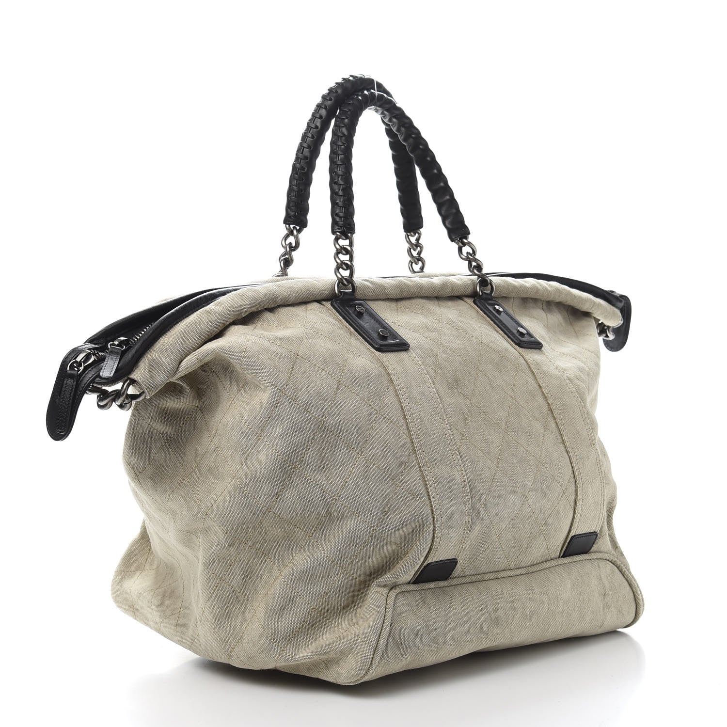 Chanel Washed Toile Calfskin Quilted Large Street Style Travel Bag Beige Black 2 of 10