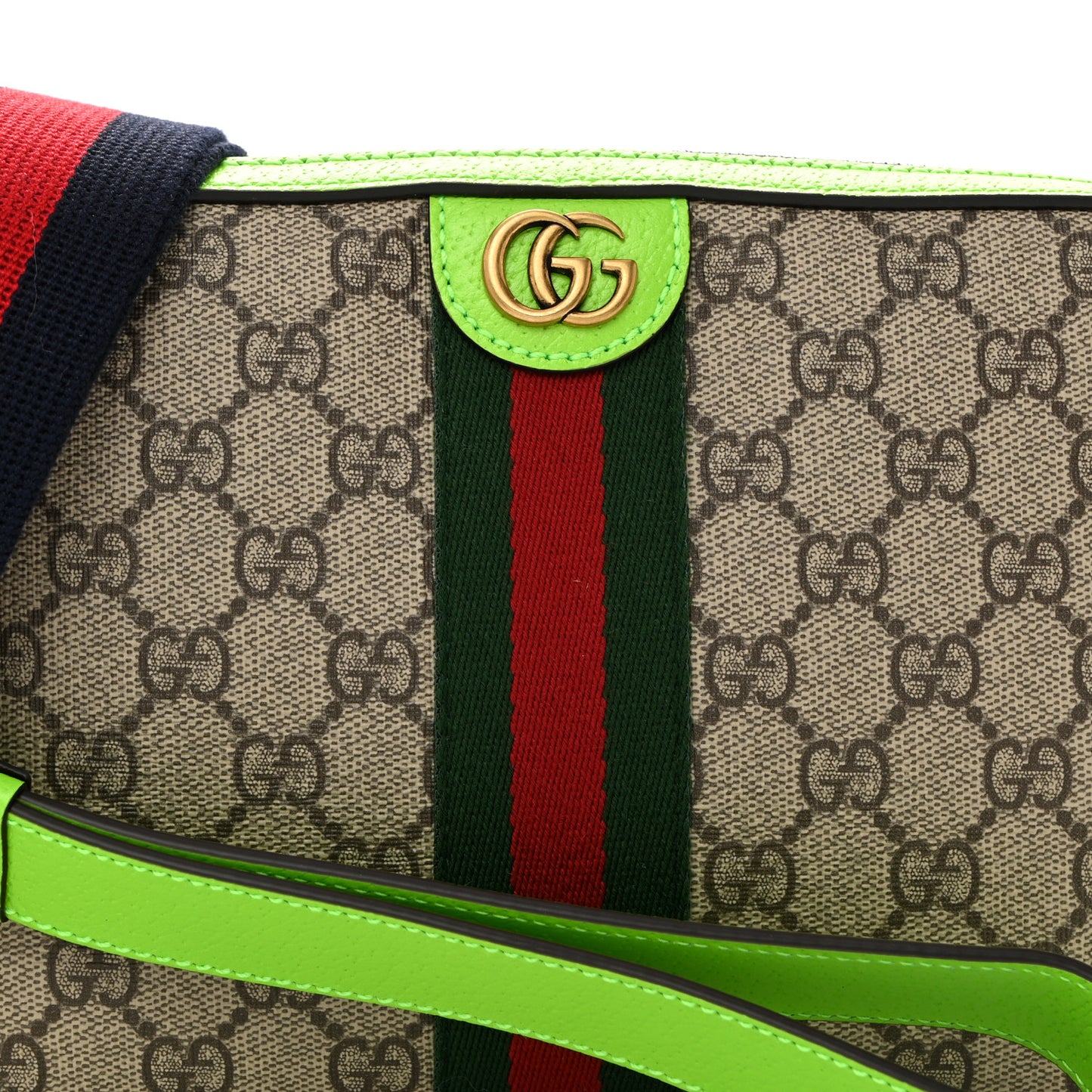 GG Supreme Monogram Textured Dollar Calfskin Web Ophidia Wristlet Shoulder Bag Beige Ebony Green