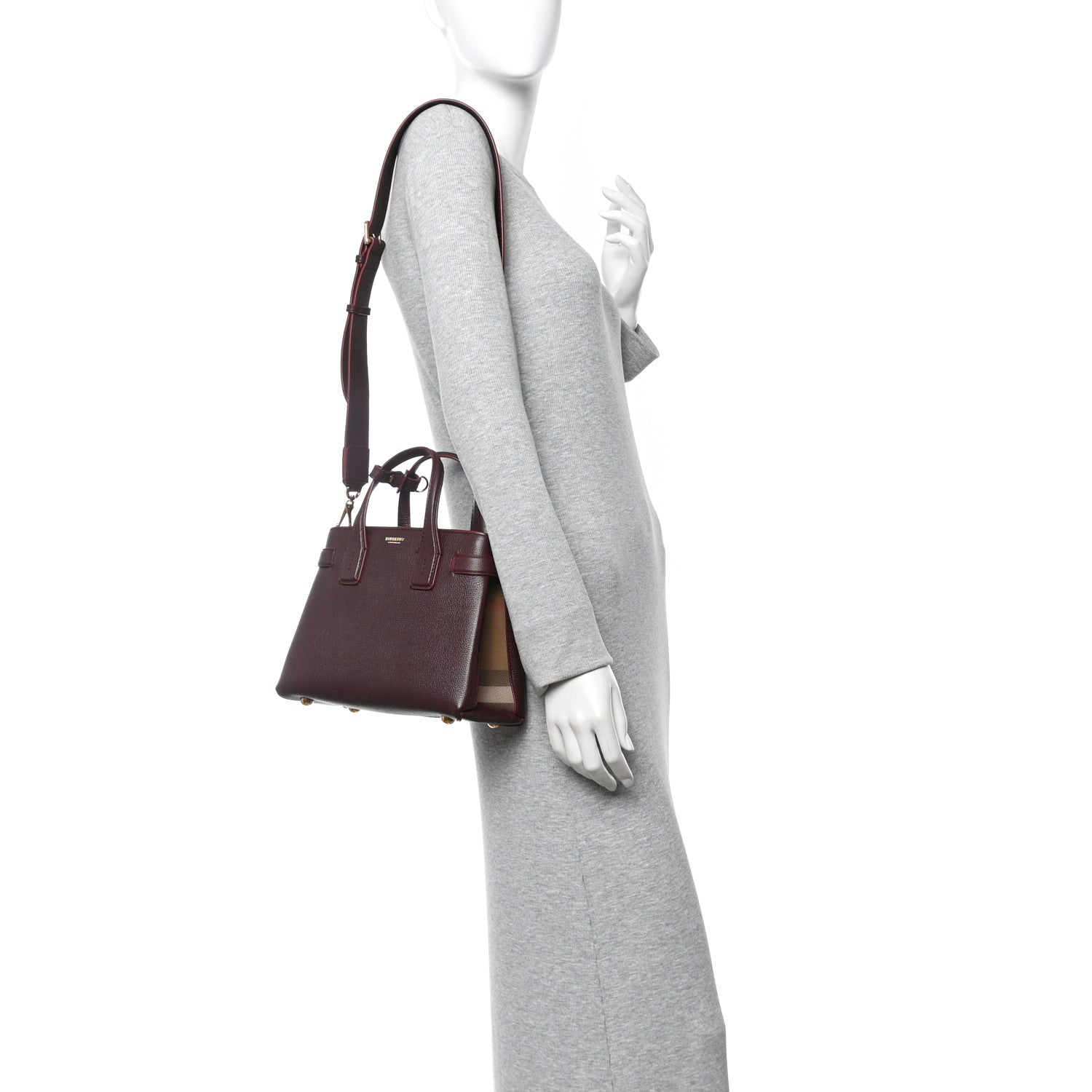 Burberry Grainy Calfskin House Check Small Banner Tote Mahogany Red 2 of 11