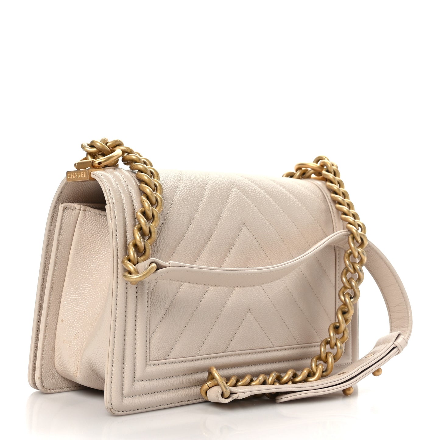 Caviar Chevron Quilted Medium Boy Flap Light Beige