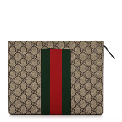 Gucci GG Supreme Monogram Selleria Calfskin Web New Web Cosmetic Case Beige Ebony Cocoa 1 of 8