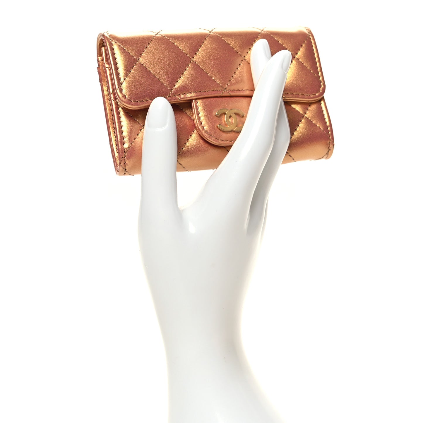 Metallic Lambskin Quilted Flap Card Holder Wallet Golden