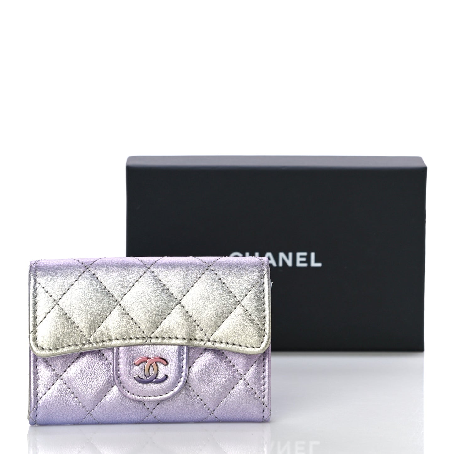 Gradient Metallic Calfskin Quilted Flap Card Holder Wallet Silver Blue Yellow Purple
