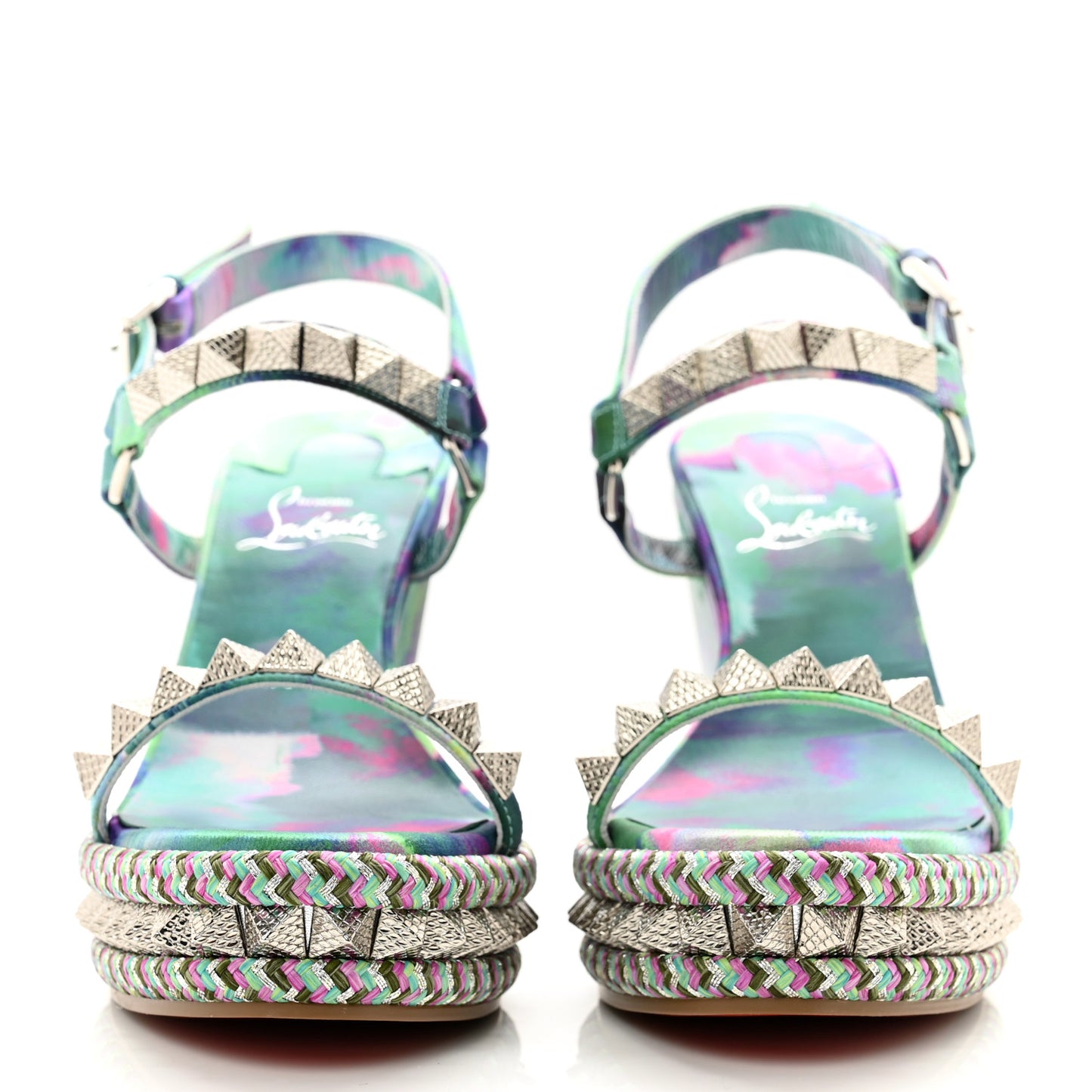 Silk Spike Studded Watercolor Pyraclou 110 Wedge Sandals 38 Green Fuschia