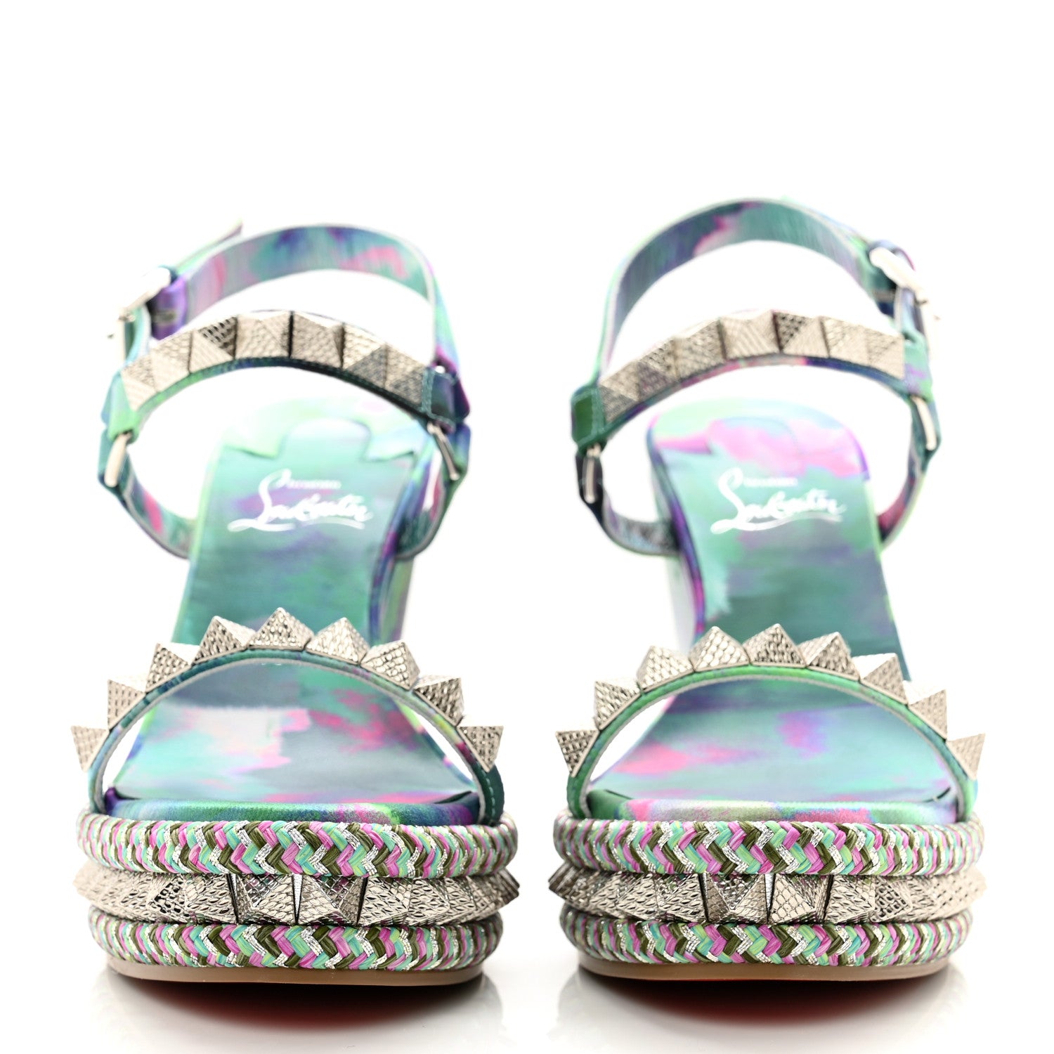 Christian Louboutin Silk Spike Studded Watercolor Pyraclou 110 Wedge Sandals 38 Green Fuschia 2 of 8