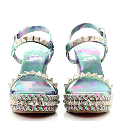 Christian Louboutin Silk Spike Studded Watercolor Pyraclou 110 Wedge Sandals 38 Green Fuschia 2 of 8