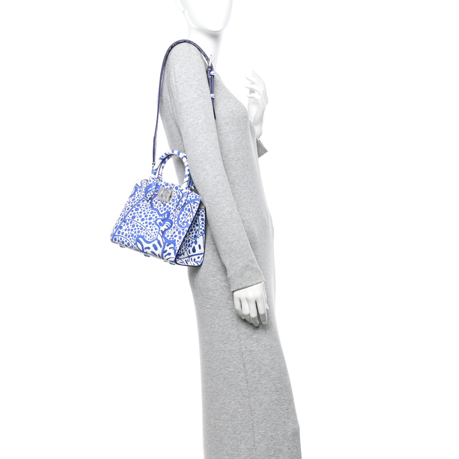 Salvatore Ferragamo Calfskin Foliage Print Small The Studio Bag White Blue 2 of 9