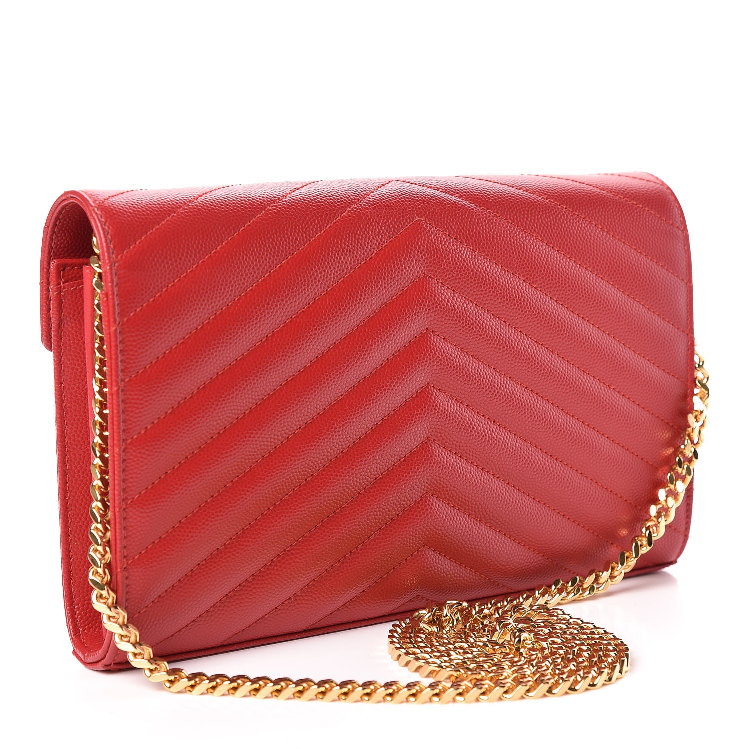 Saint Laurent Grain De Poudre Matelasse Chevron Monogram Chain Wallet New Red 3 of 9