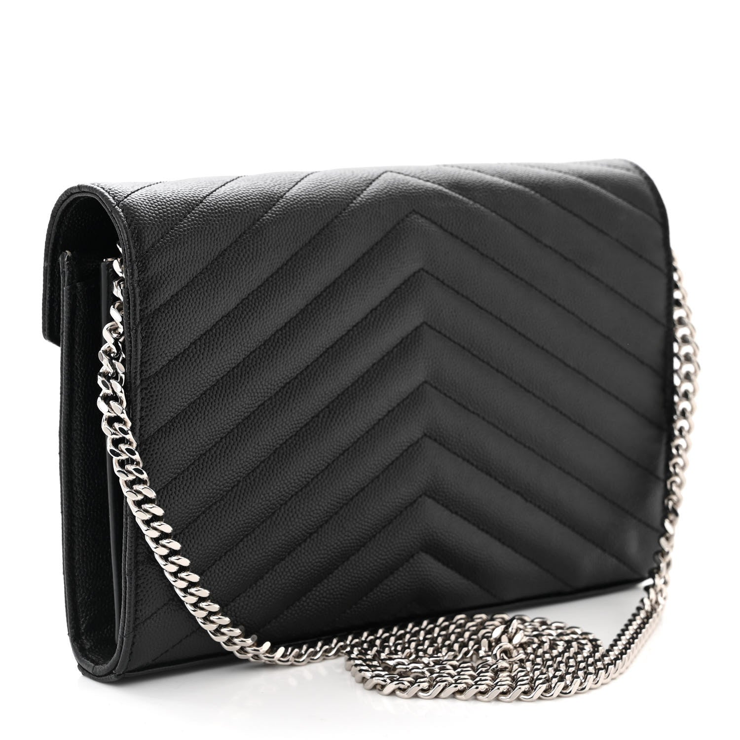 Saint Laurent Grain De Poudre Matelasse Chevron Monogram Chain Wallet Black 3 of 10