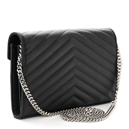 Saint Laurent Grain De Poudre Matelasse Chevron Monogram Chain Wallet Black 3 of 10