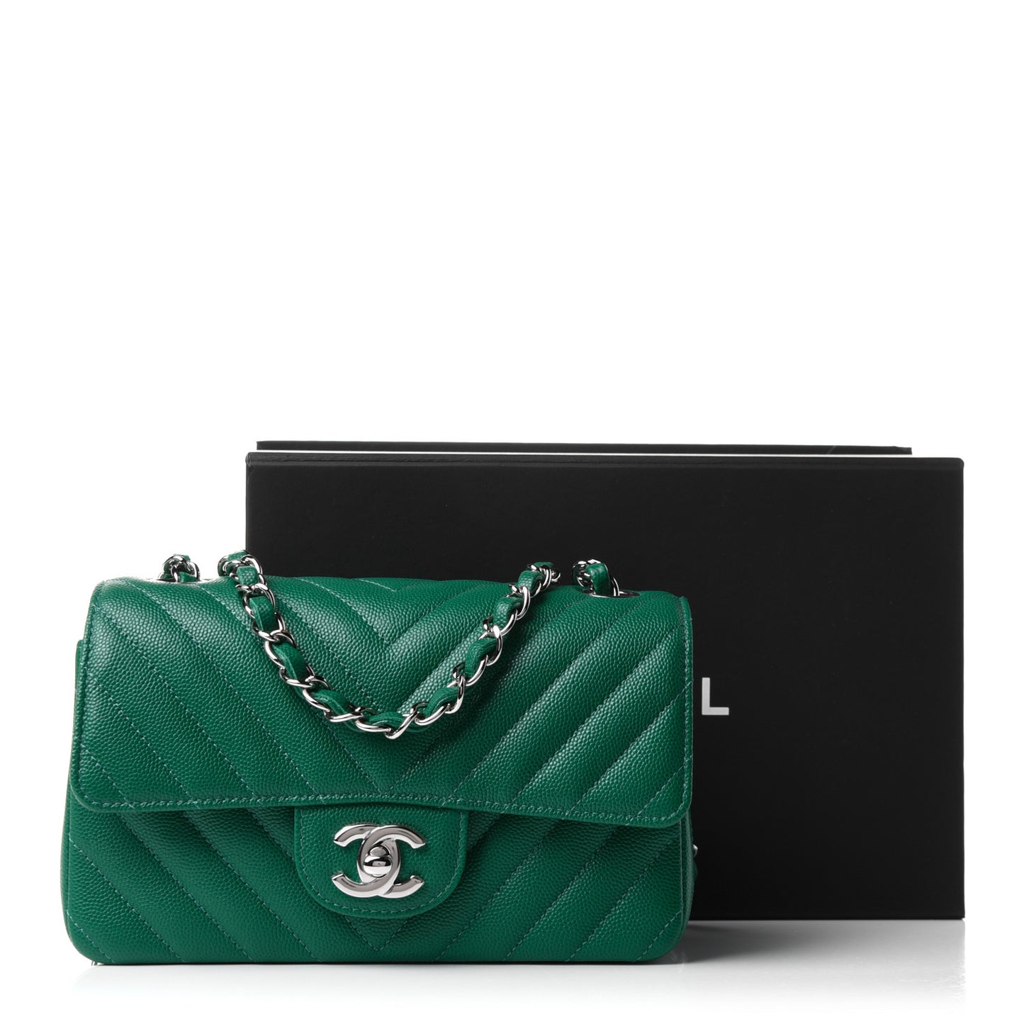 Caviar Chevron Quilted Mini Rectangular Flap Dark Green