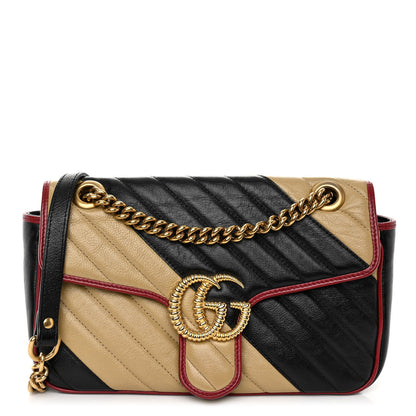 Gucci Vintage Effect Calfskin Matelasse Diagonal Striped Small Torchon GG Marmont Shoulder Bag Black Beige 1 of 10