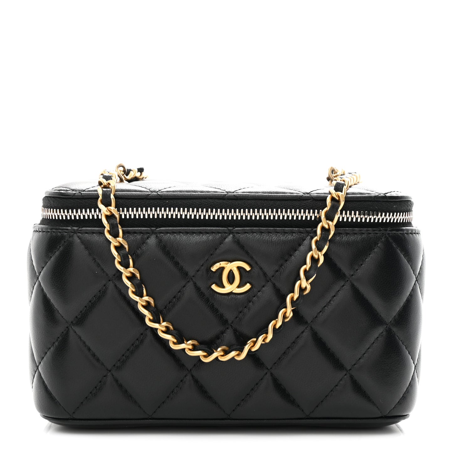 Lambskin Quilted Pearl Crush Small Vanity Case With Chain Black