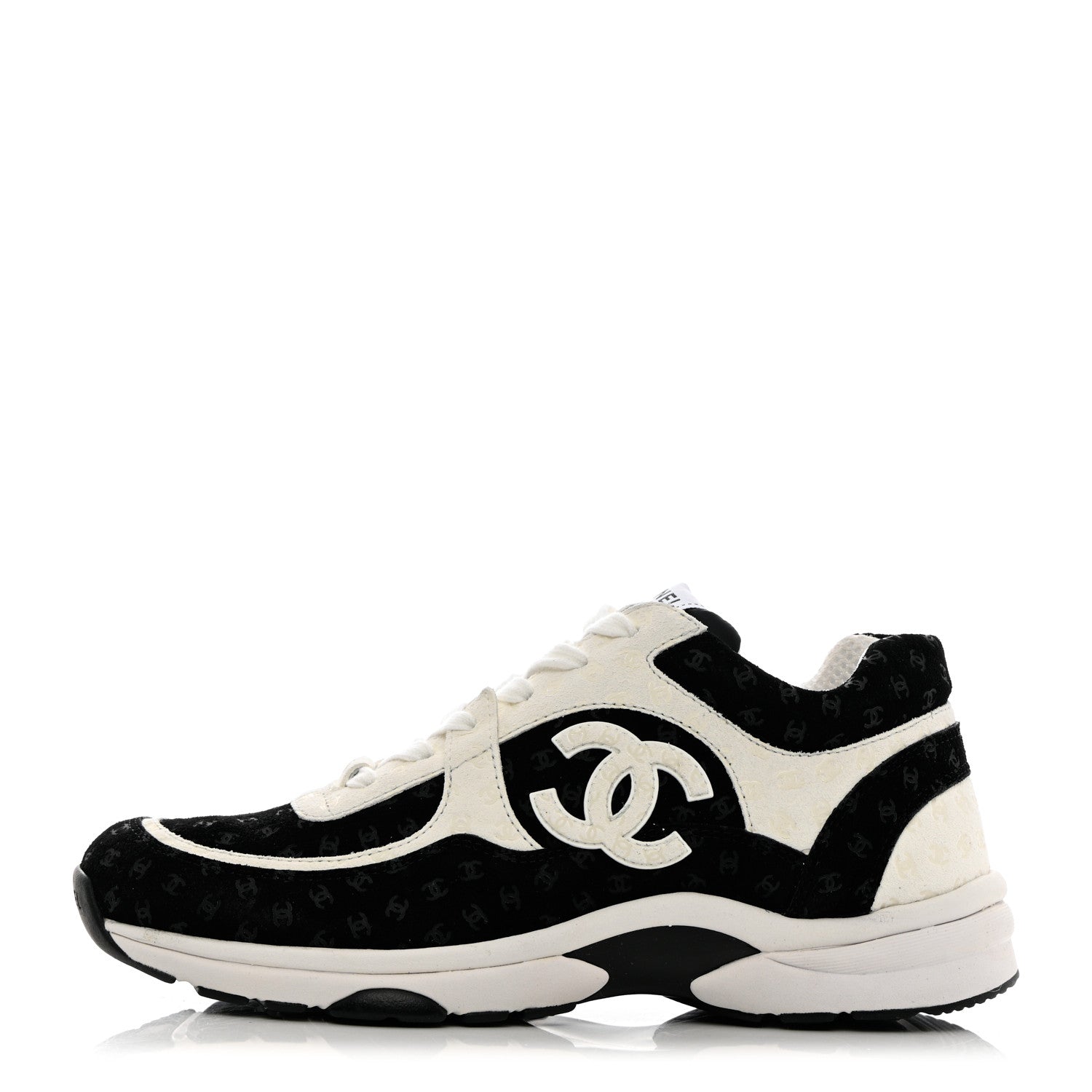 Chanel Nylon Suede Calfskin Printed CC Sneakers 39.5 White Black 1 of 13