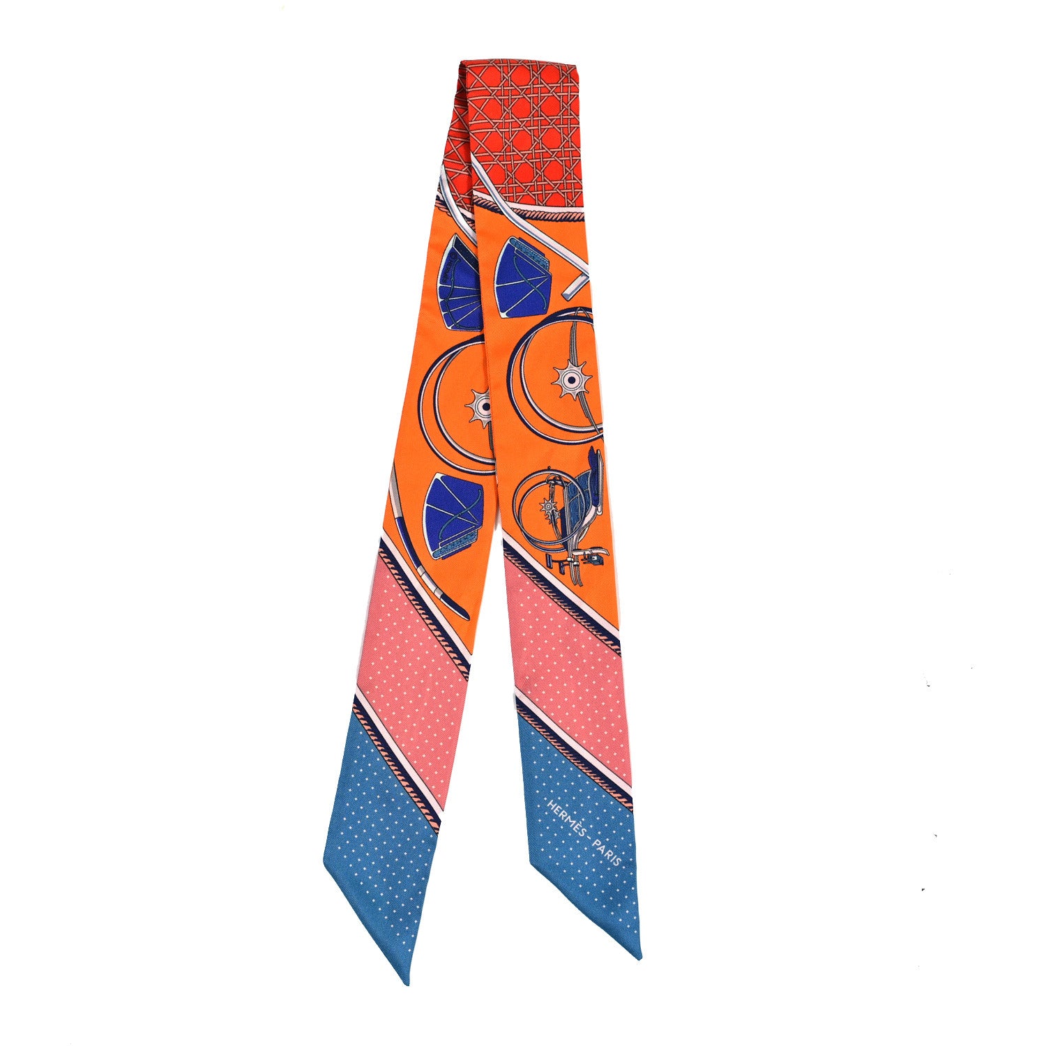 Hermes Silk Les Voitures A Transformation Twilly Orange Cobalt Vermillon 2 of 4