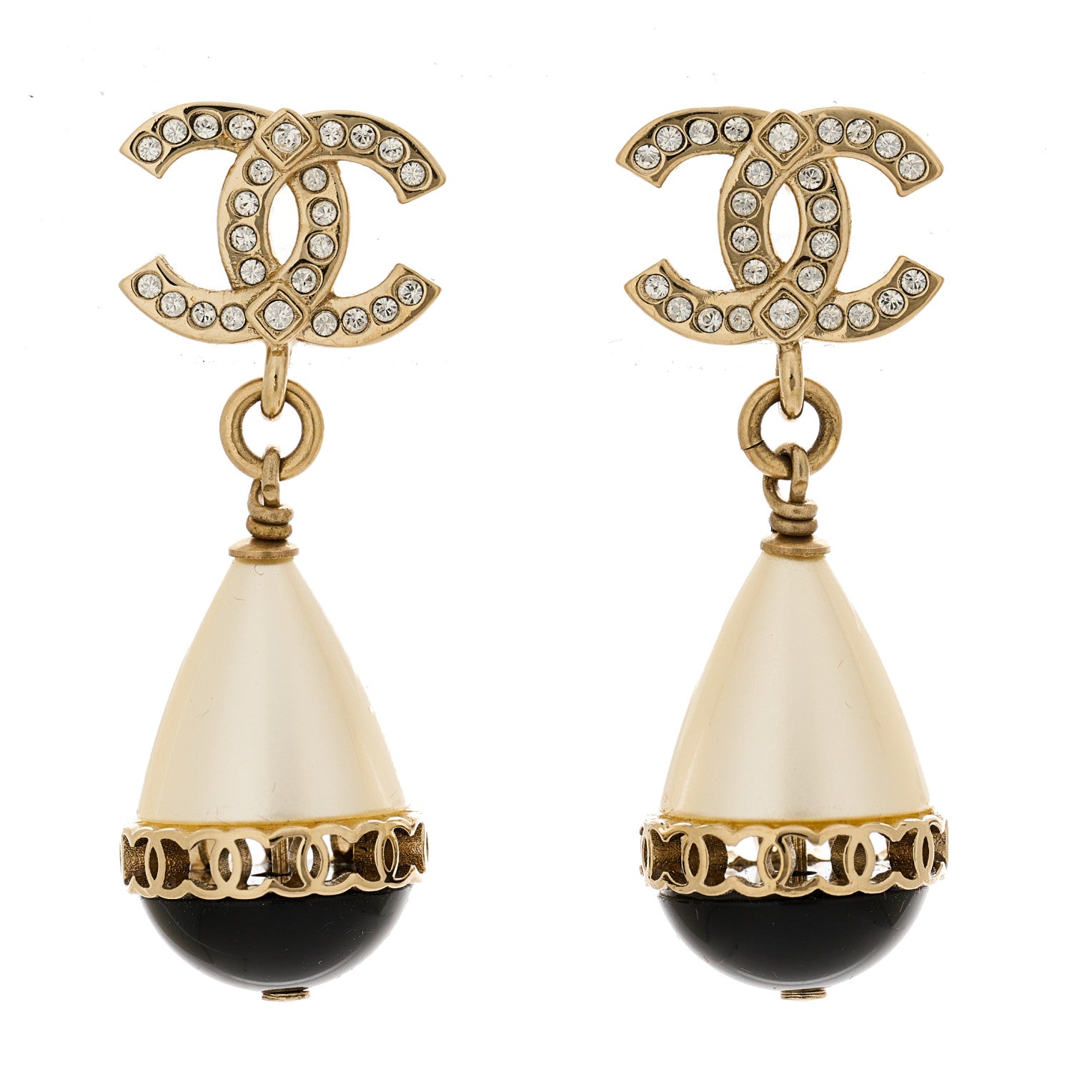 Chanel Crystal Pearl CC Fantasy Drop Earrings Gold Black 1 of 4