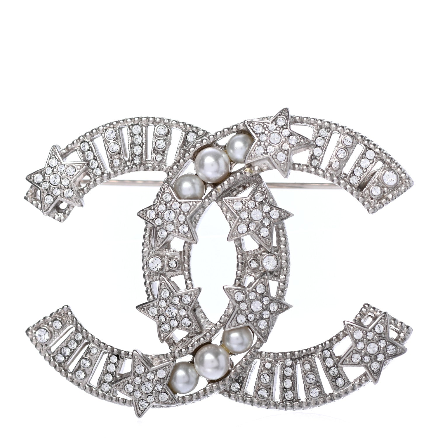 Chanel Crystal Pearl CC Star Coco Flapper Brooch Silver 1 of 4
