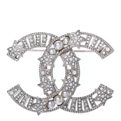 Chanel Crystal Pearl CC Star Coco Flapper Brooch Silver 1 of 4
