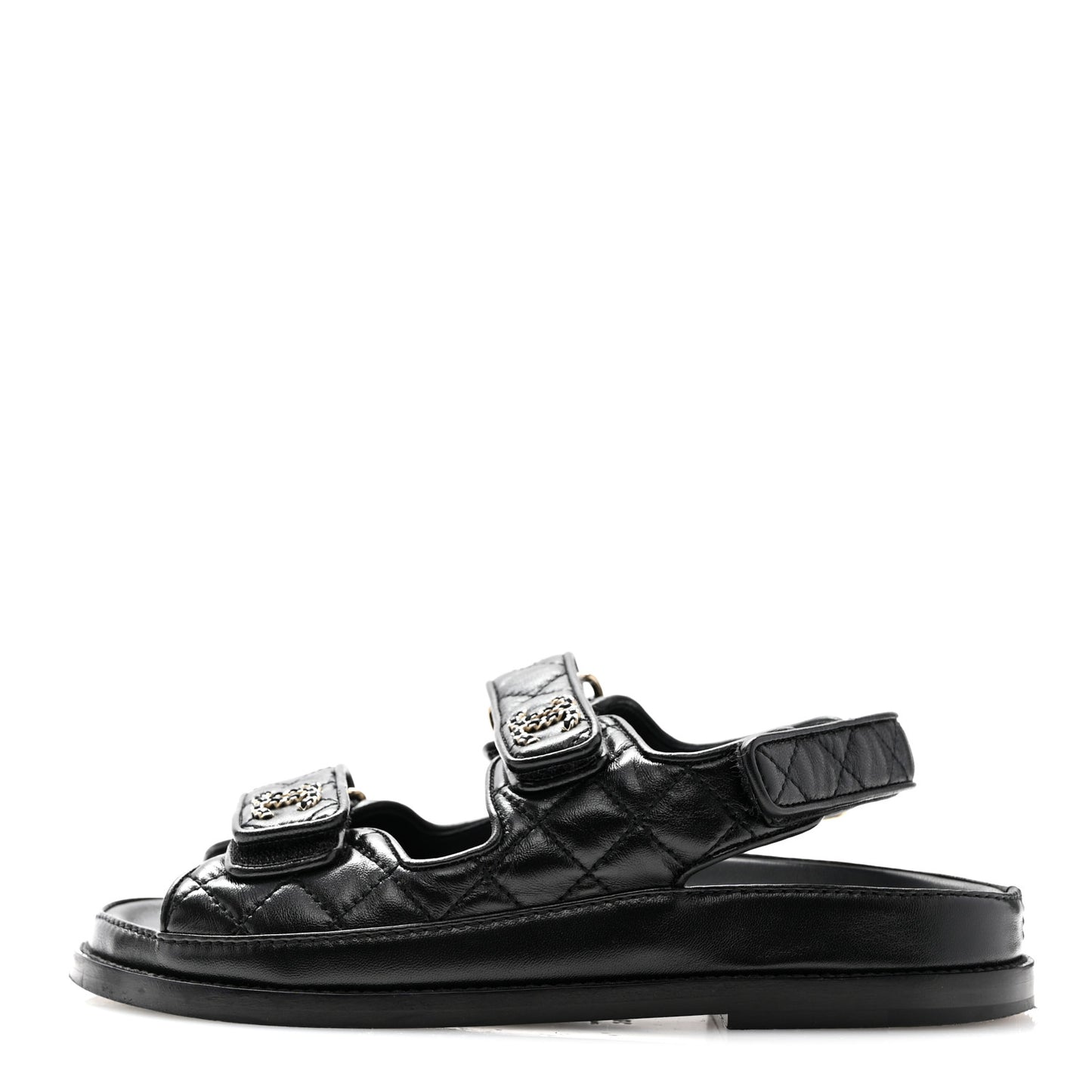 Lambskin Quilted Velcro Dad Chain CC Slide Sandals 35 Black