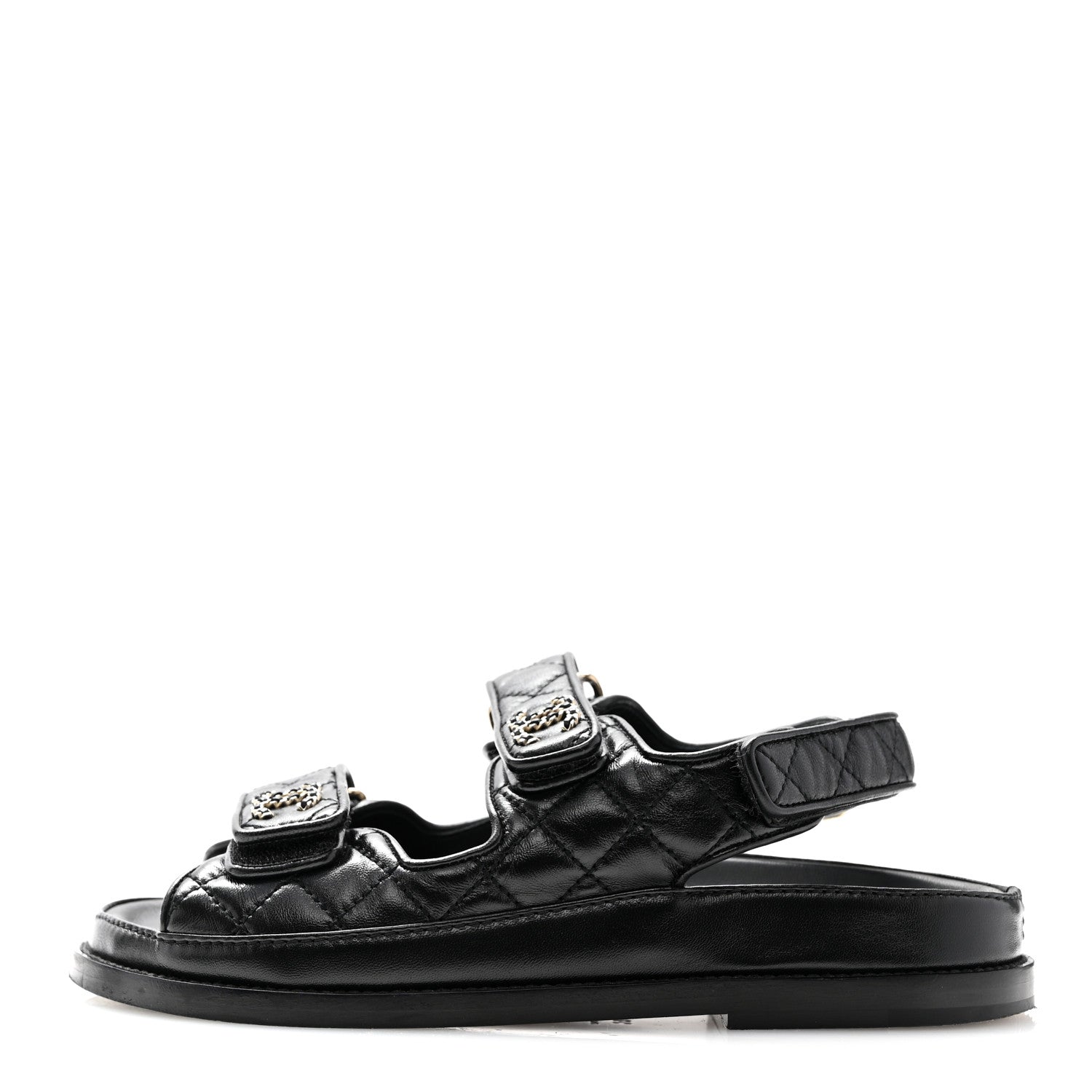 Chanel Lambskin Quilted Velcro Dad Chain CC Slide Sandals 35 Black 1 of 14