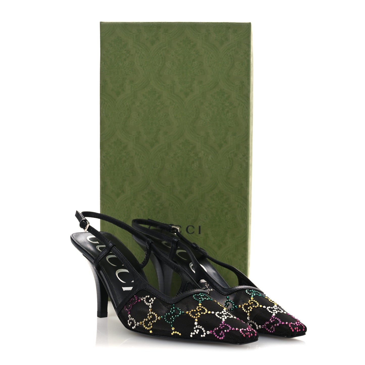 Tela Retino Nappa Charlotte Crystal GG Monogram Square G 75mm Slingback Pumps 37 Black