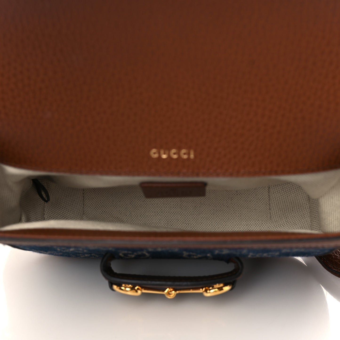 New Denim GG Monogram Dollar Calfskin Web Mini Horsebit 1955 Shoulder Bag Blue Tea Cuir Epilog