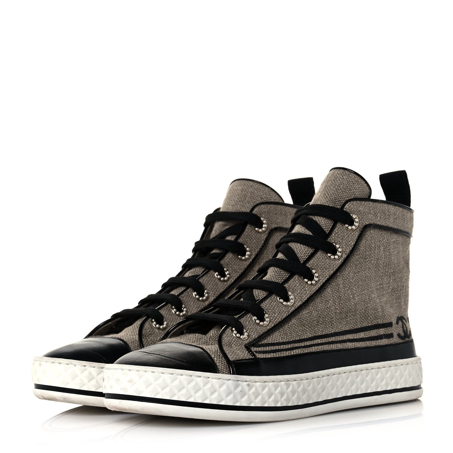 Fabric Lambskin Lace Up Cap Toe Sneakers 37 Beige Black