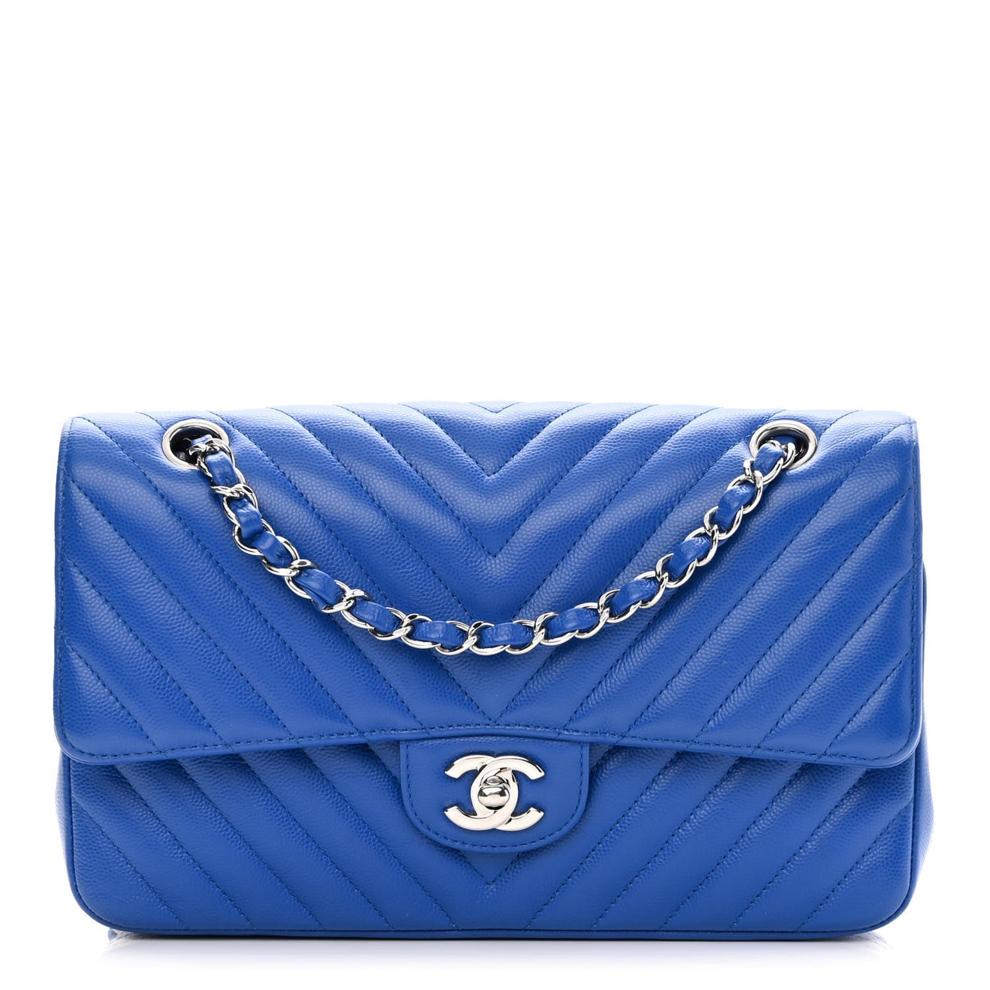 Caviar Chevron Quilted Medium Double Flap Blue