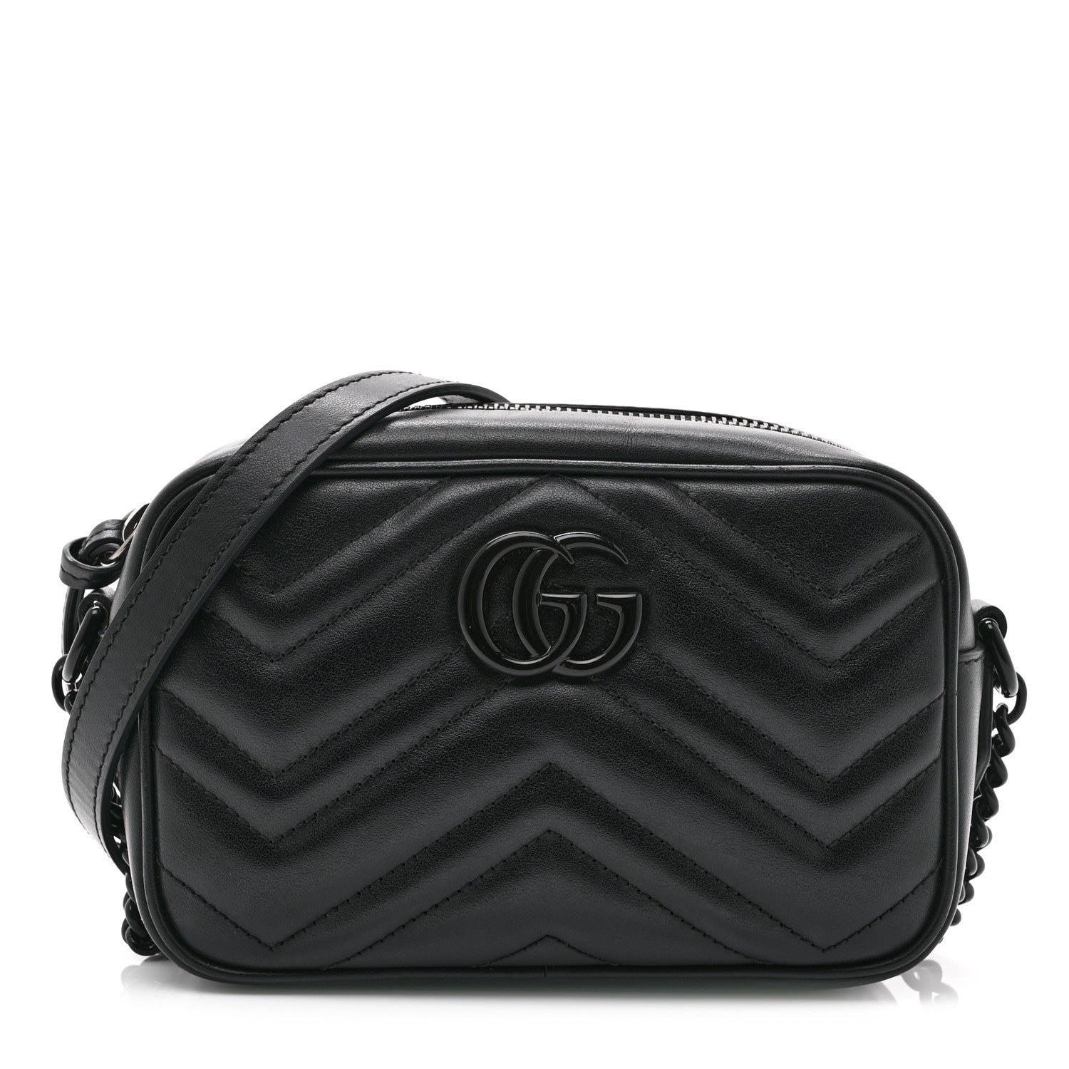 Gucci Calfskin Matelasse Monochrome Mini GG Marmont Chain Shoulder Bag Black 1 of 11