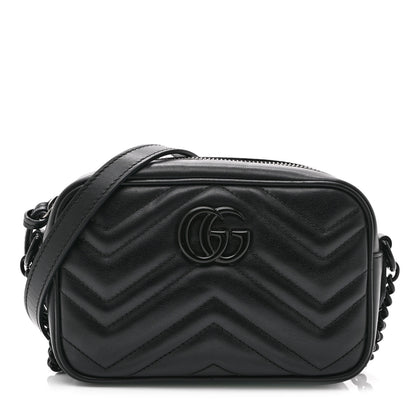 Gucci Calfskin Matelasse Monochrome Mini GG Marmont Chain Shoulder Bag Black 1 of 11
