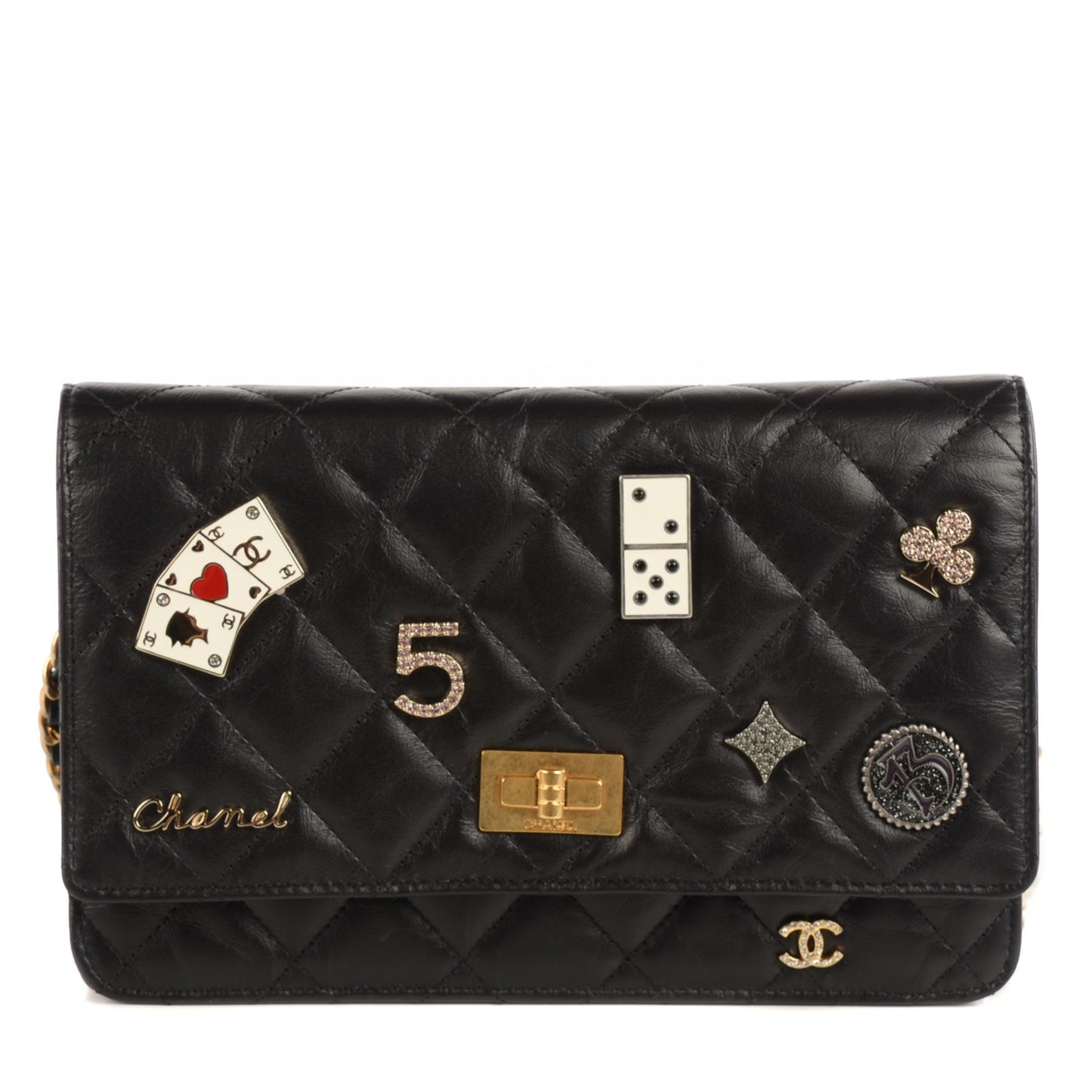 Aged Calfskin Lady of Luck 2.55 Reissue Wallet on Chain WOC Black