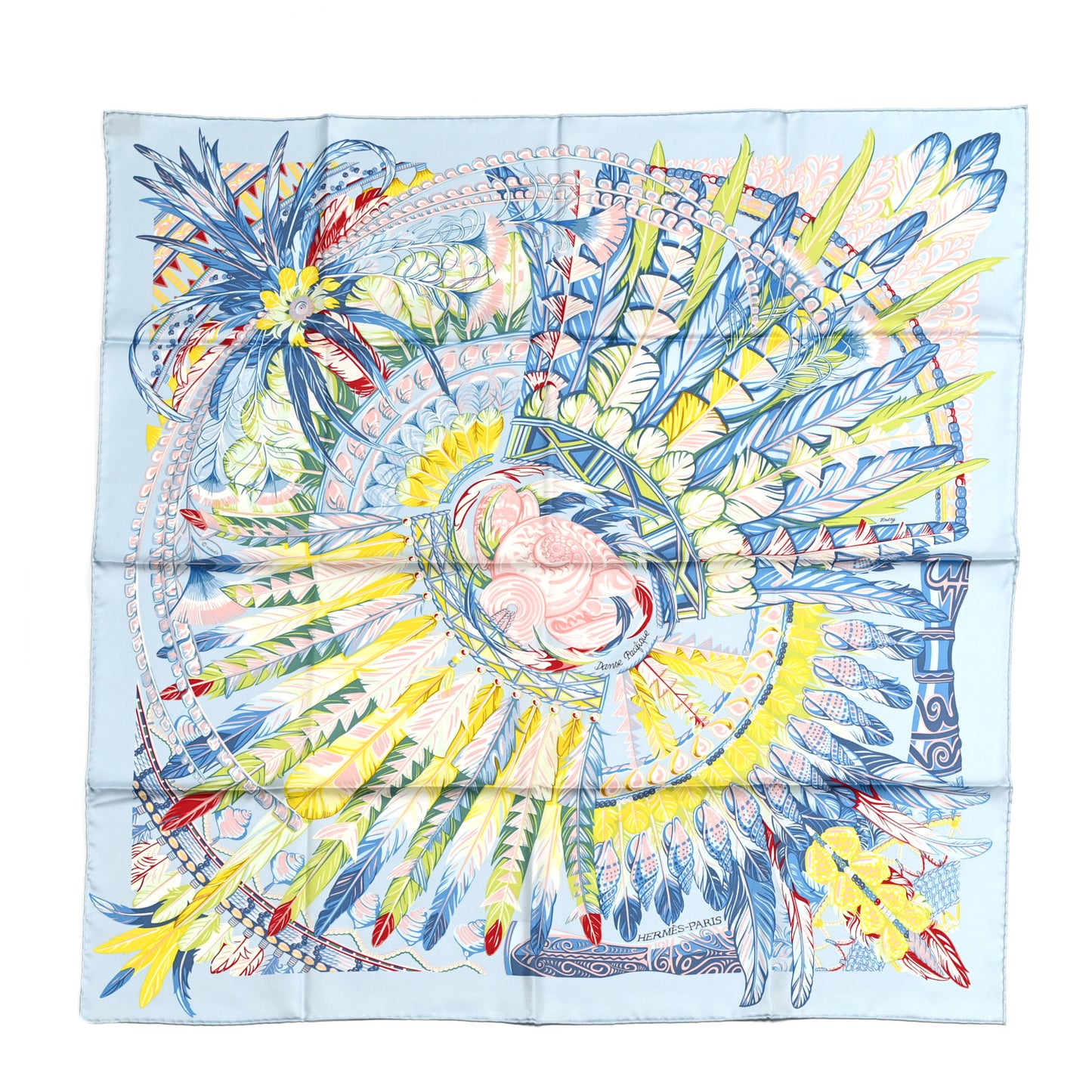 Silk Danse Pacifique Scarf 90 Bleu Ciel Vert Jaune Vif