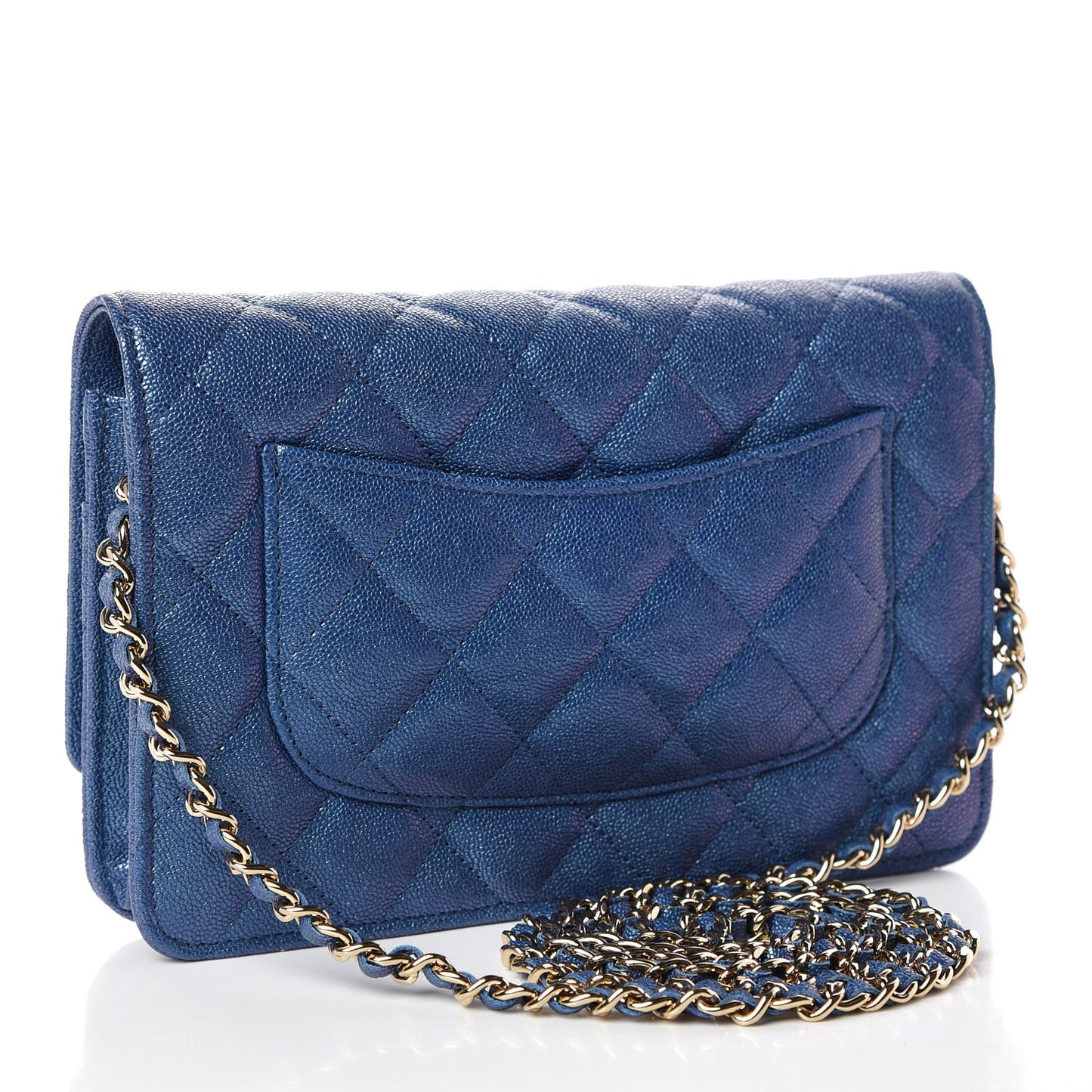 Iridescent Caviar Quilted Wallet On Chain WOC Dark Blue