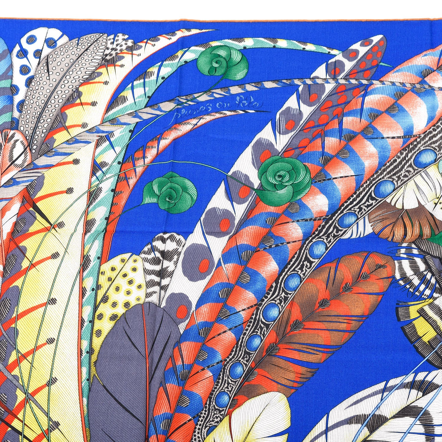 Hermes Cashmere Silk Plumes En Fete Shawl 140 Bleu Roy Jaune Rouge 2 of 7